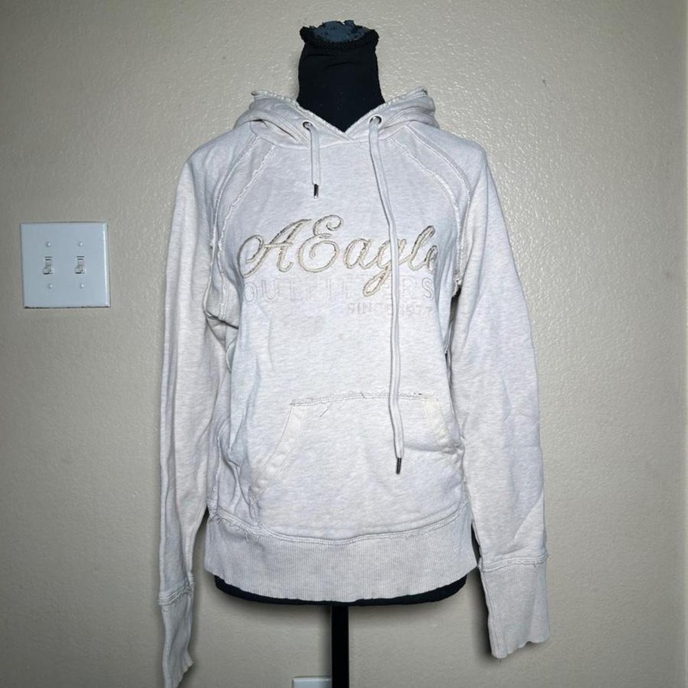 American Eagle Graphic Hoodie White Gray Pullover Y2K Vintage Small